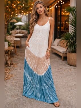 Women’s Tie-Dye Maxi Dress with Blue and Beige Colorblock